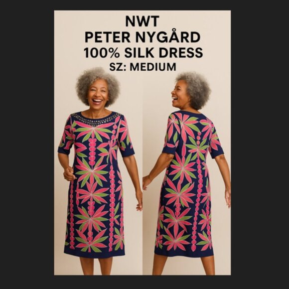 NWT Peter Nygard Designer 100% Silk Dress, Sz. Medium. - Picture 2 of 12